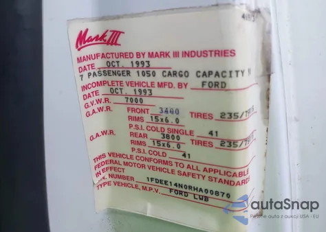 1994 Ford Econoline E150 Van z USA, uszkodzony, nr VIN 1FDEE14N0RHA00870